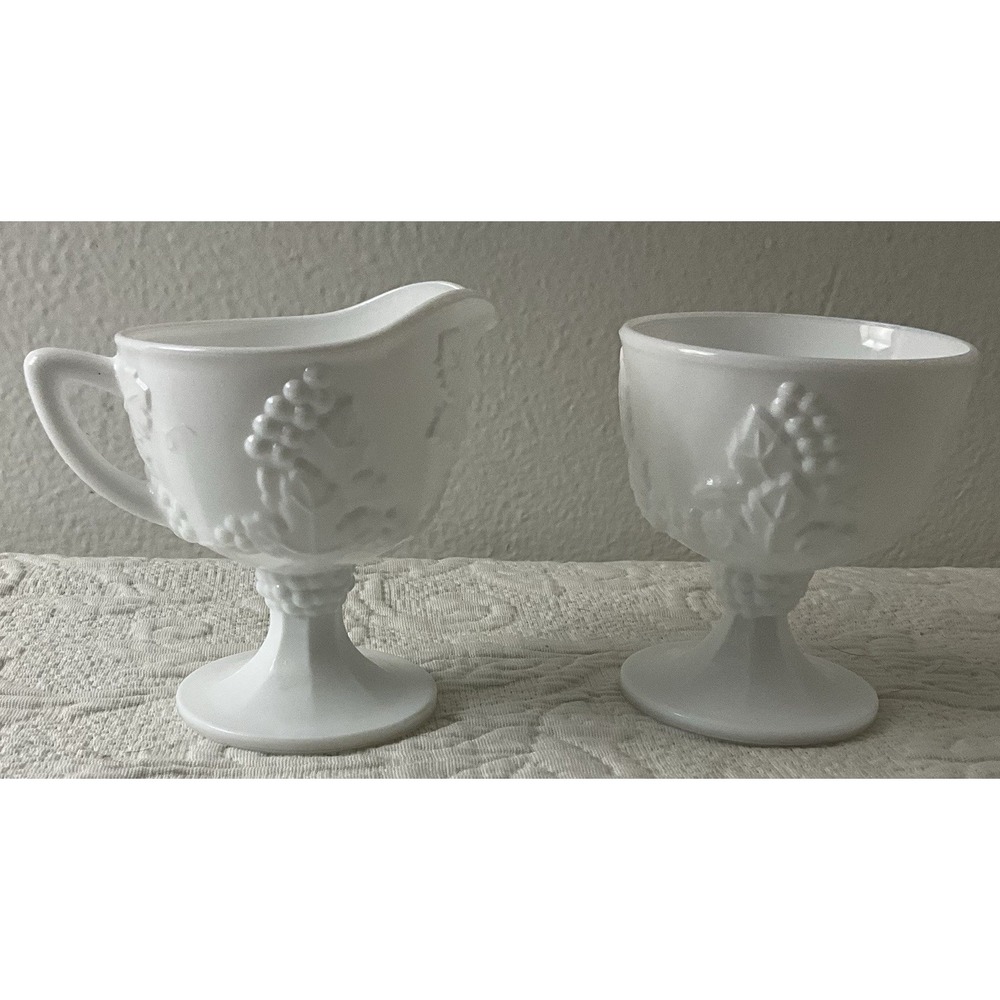 Vtg Indiana Colony WHITE Milk Glass Harvest‎ Grape Sugar Bowl & Creamer Pitcher